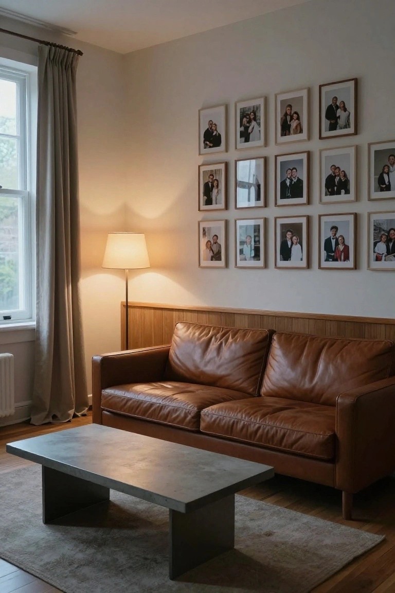 A small living room with a low tan leather sofa, gray concrete coffee table on a rug, wood-paneled wall displaying a grid of framed photos, floor lamp, and window with beige curtains.