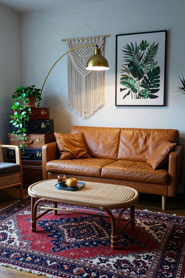 Cozy living room with brown leather sofa, rattan coffee table, and boho decor.