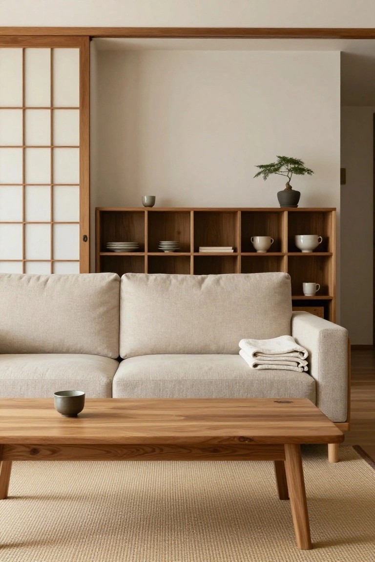 Minimalist living room with beige sofa, wooden coffee table, and shelving.