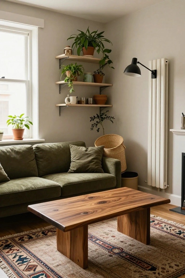Small living room with low green sofa, live-edge wooden coffee table on patterned rug, plants on wall shelves, window, radiator, and wicker basket.
