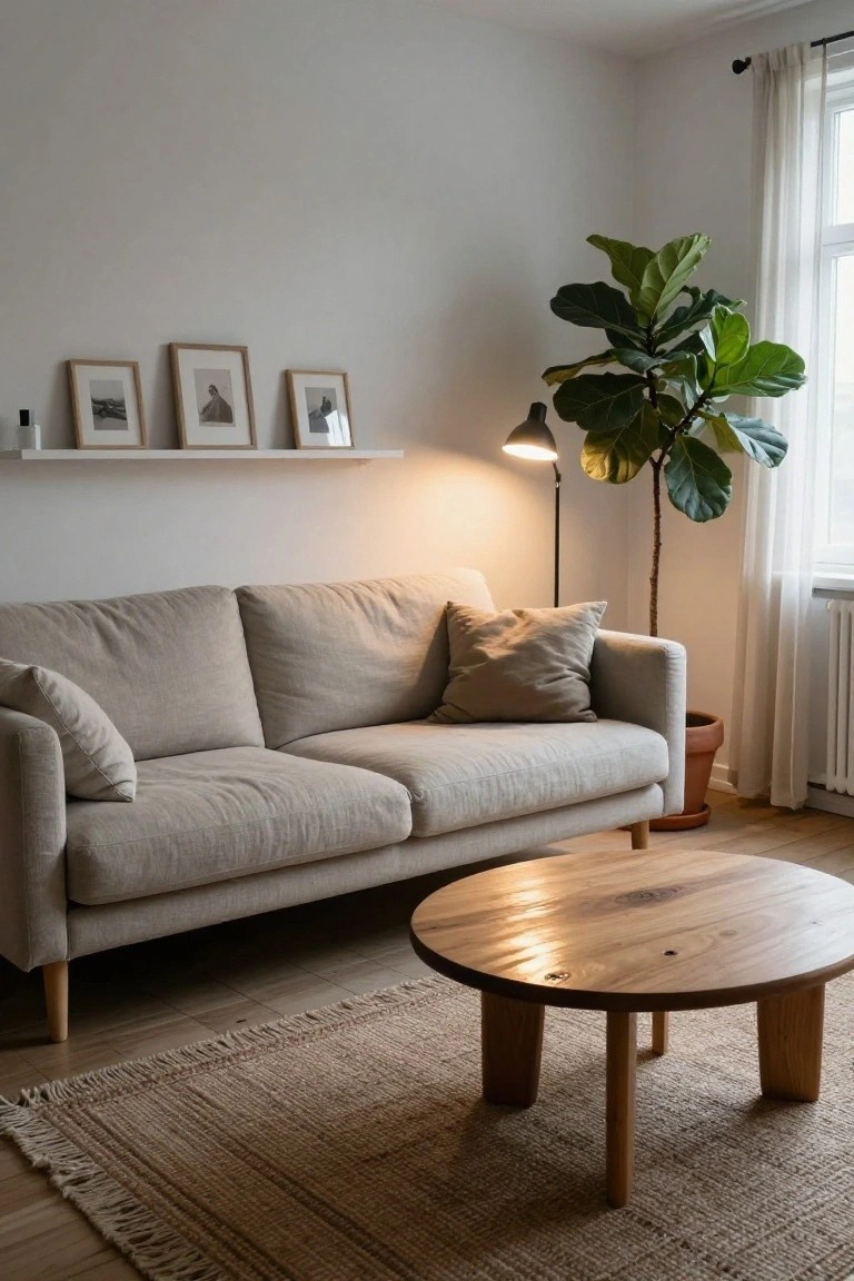 Beige low-profile sofa with slim legs in a light living room, round wooden coffee table on a jute rug, large fiddle leaf fig plant in terracotta pot, and floating white shelf with framed photos.