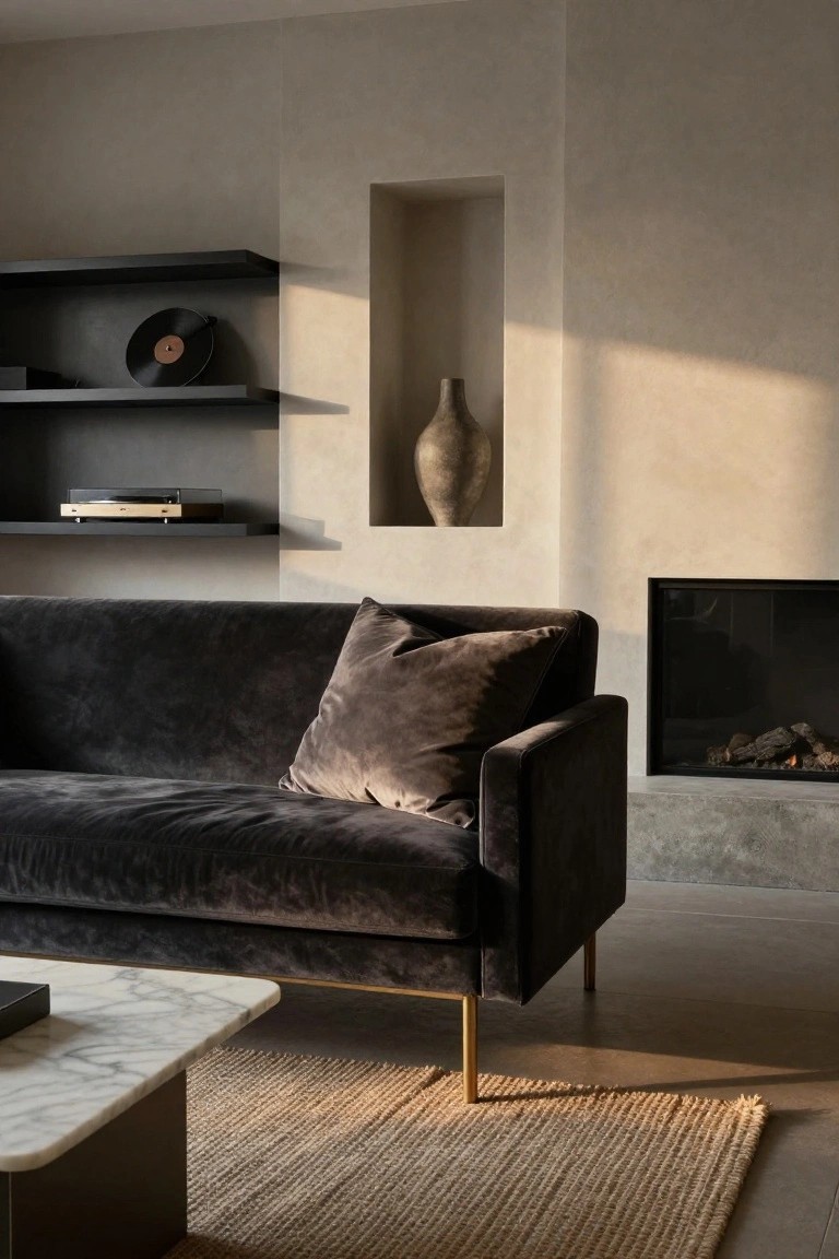 Modern living room with low black velvet sofa on brass legs, white marble coffee table, seagrass rug, black shelves holding a turntable and records, tall vase in wall niche, and gas fireplace against beige textured walls.