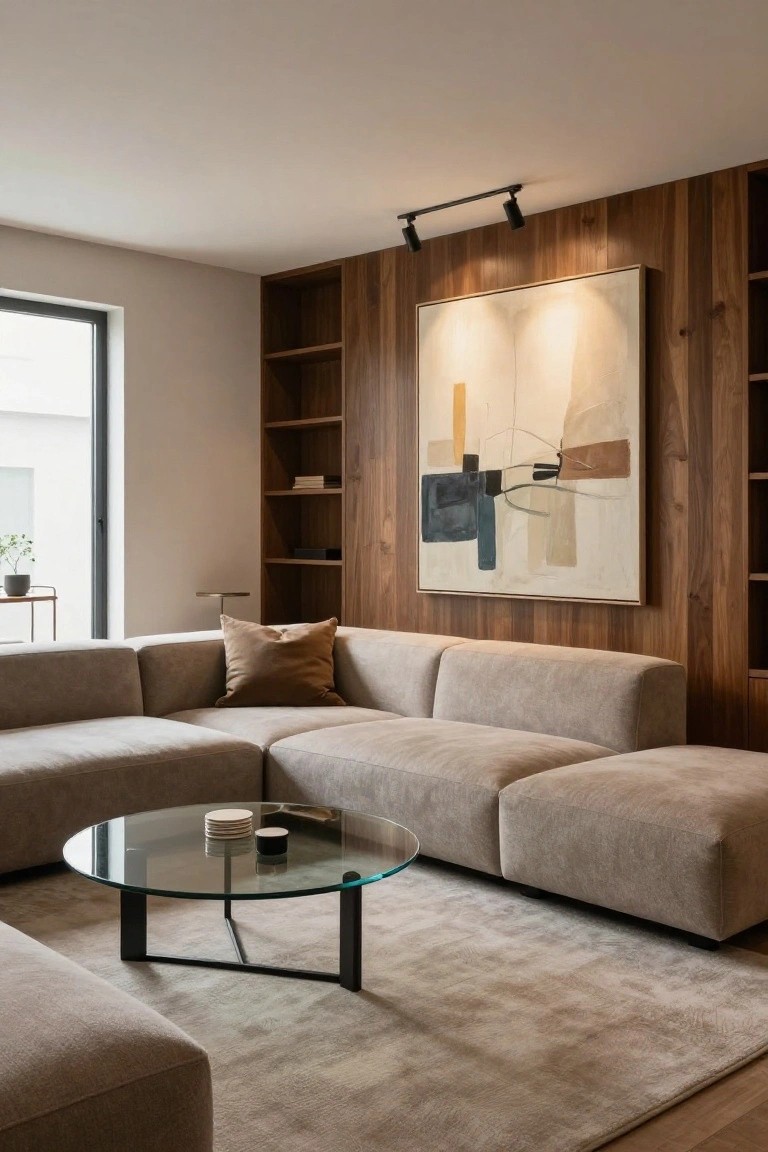 Beige modular L-shaped sofa in a small living room with wood-paneled wall, large abstract painting, round glass coffee table on neutral rug, shelves, track lighting, and window.