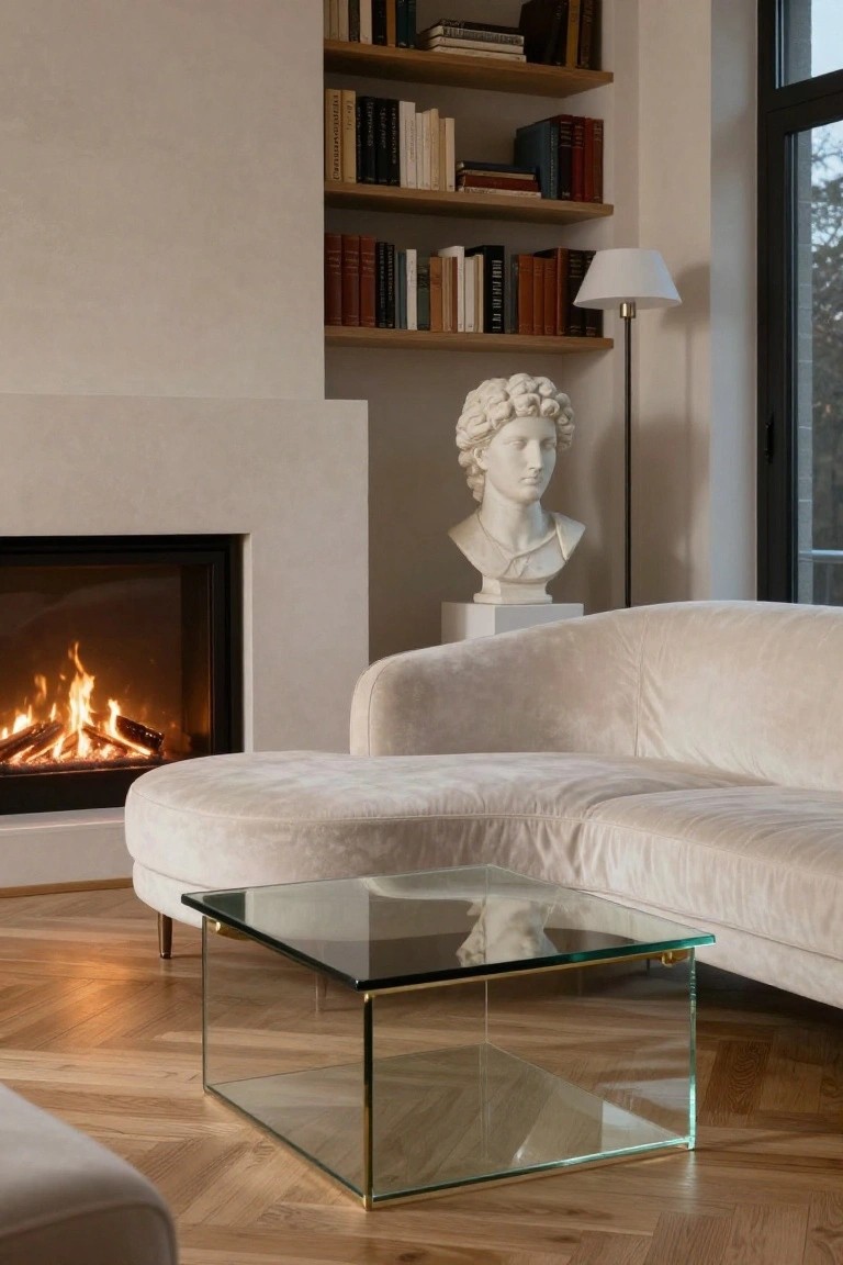 A light beige living room with curved cream sofa, brass-framed glass coffee table, white marble bust on pedestal, wood bookshelves, floor lamp, and burning fireplace.