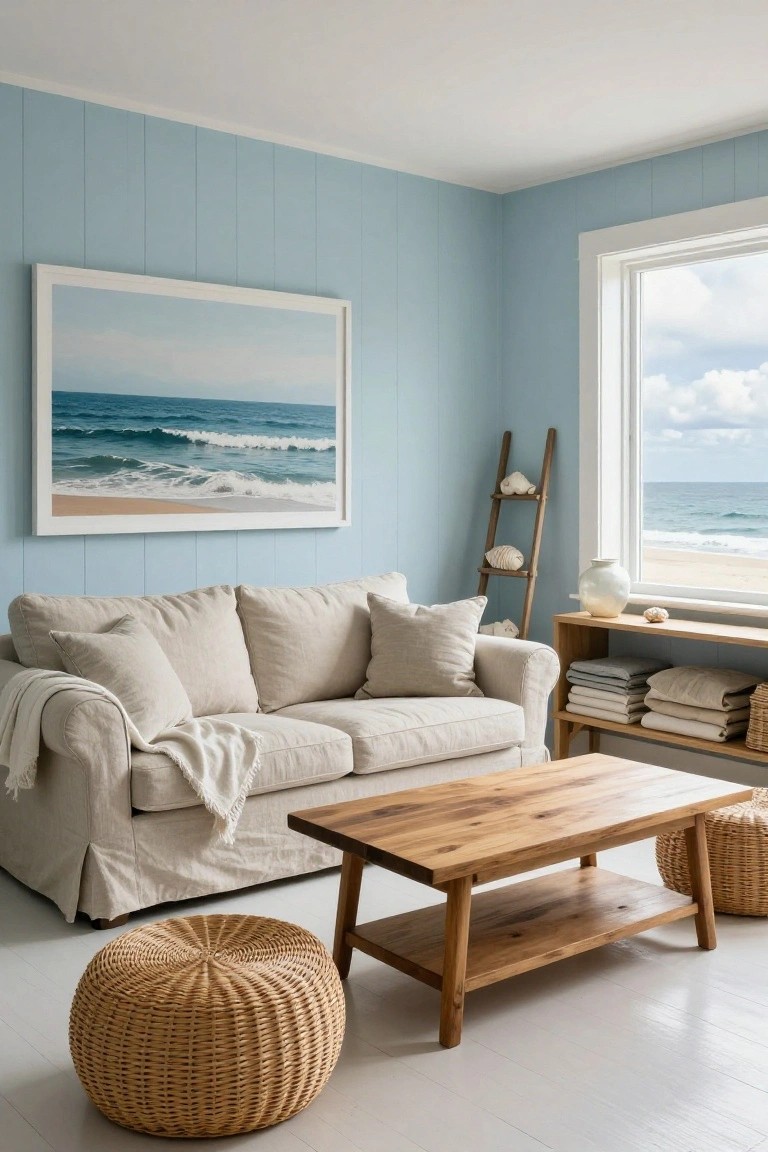 Coastal living room with blue walls, beige sofa, and ocean view.
