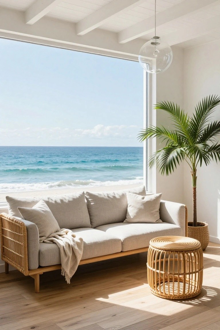 A beige woven rattan sofa with white cushions and a cream throw blanket, next to a matching rattan stool and potted palm plant, in a white room with wooden floors and a large window overlooking the ocean and beach.