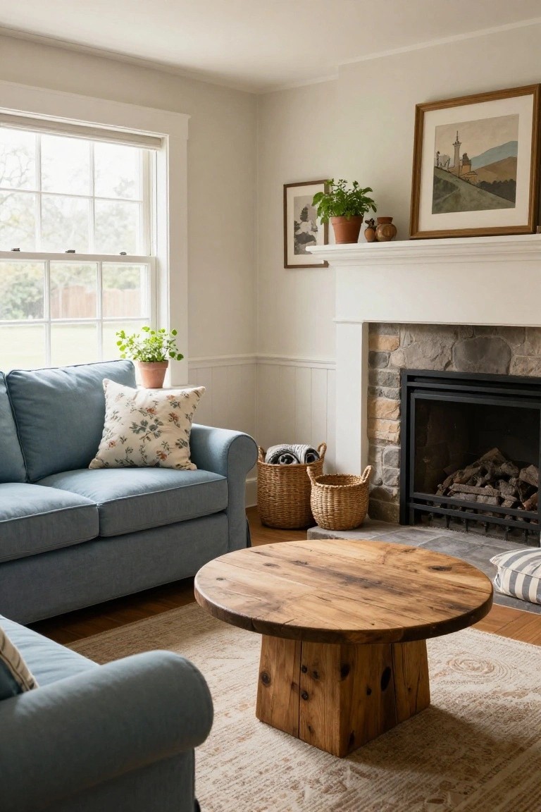 Blue sofa facing a stone fireplace in a light-colored living room, with a round wooden coffee table on a patterned rug, wicker baskets holding blankets, potted plants, and framed artwork on walls.