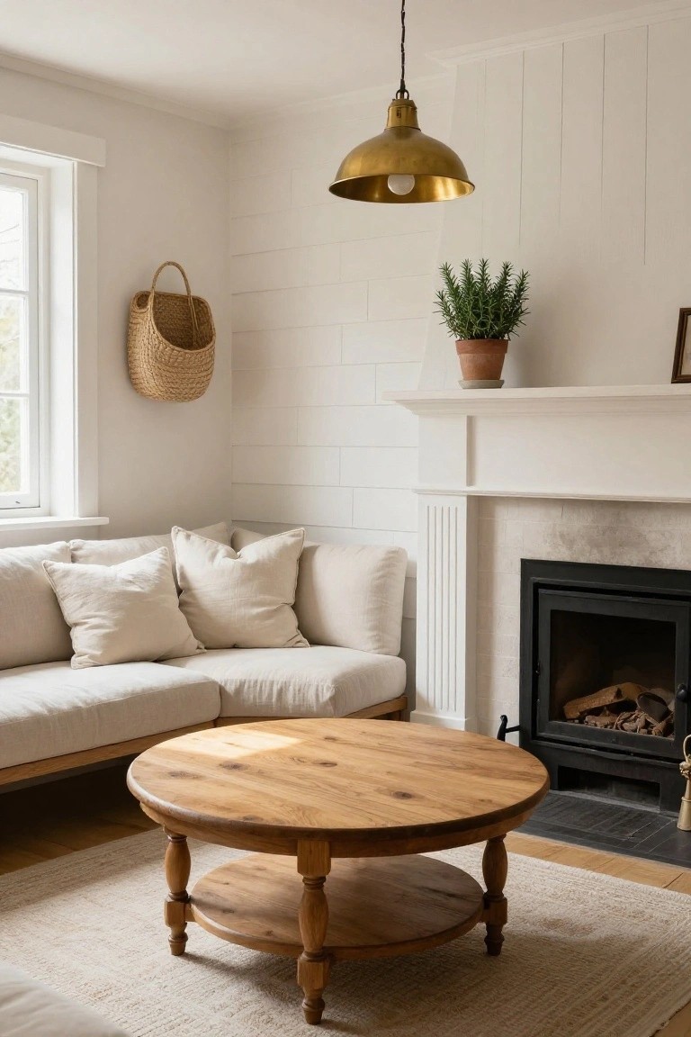 A cozy living room corner with a light beige linen sofa, round wooden coffee table on a beige rug, white shiplap walls, brick fireplace with logs inside, potted rosemary plant on mantel, hanging seagrass basket, and brass pendant light overhead.