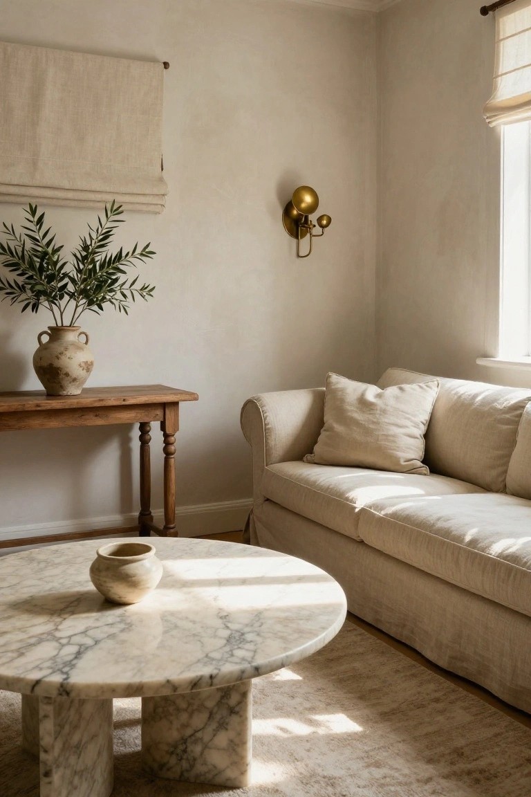 Corner of a light beige living room with cream slipcovered sofa, wooden console table holding terracotta pot of olive branches, round white marble coffee table with small terracotta pot, neutral rug, and window light.