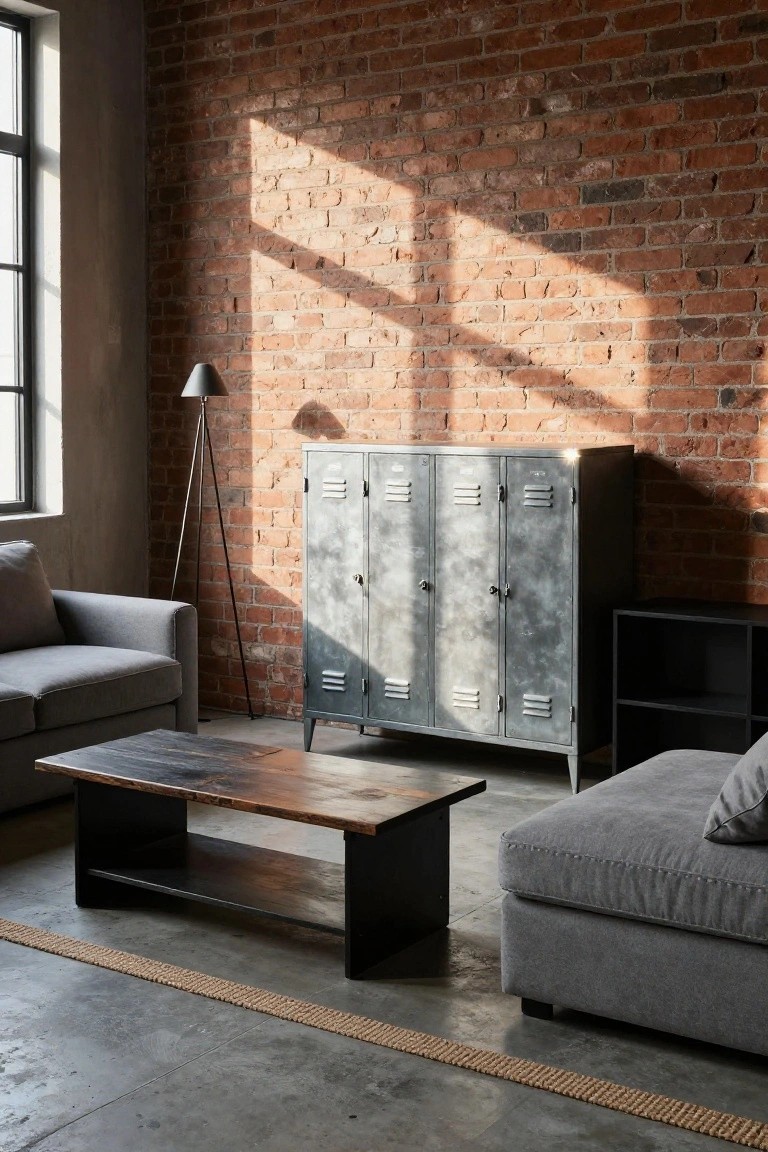 Small living room with exposed brick wall, tall gray metal lockers, low gray sofas, dark wood coffee table, tripod floor lamp, black shelf, and seagrass rug on concrete floor.