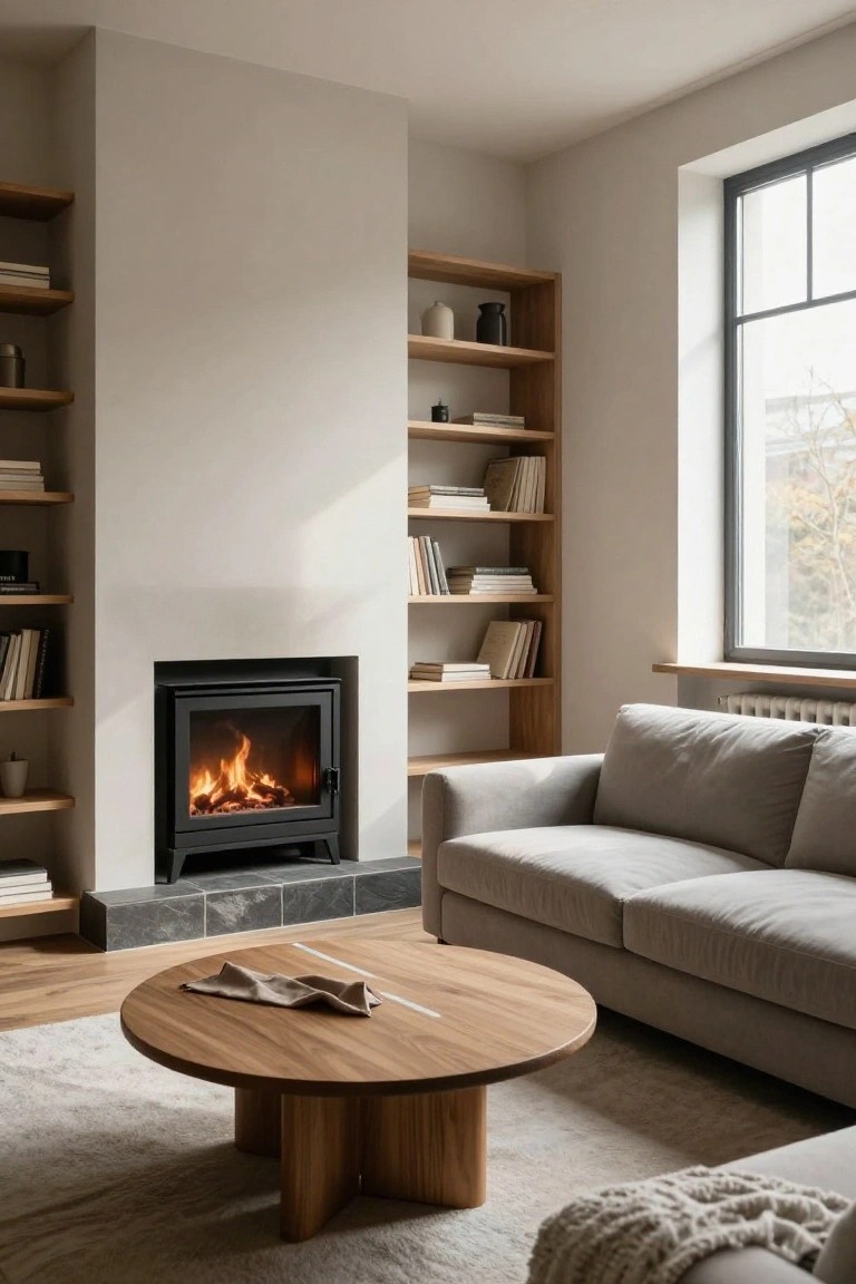 A living room with a black fireplace flanked by light wooden bookshelves on white walls, a gray sofa, round wooden coffee table on a white rug, and a window with radiator.