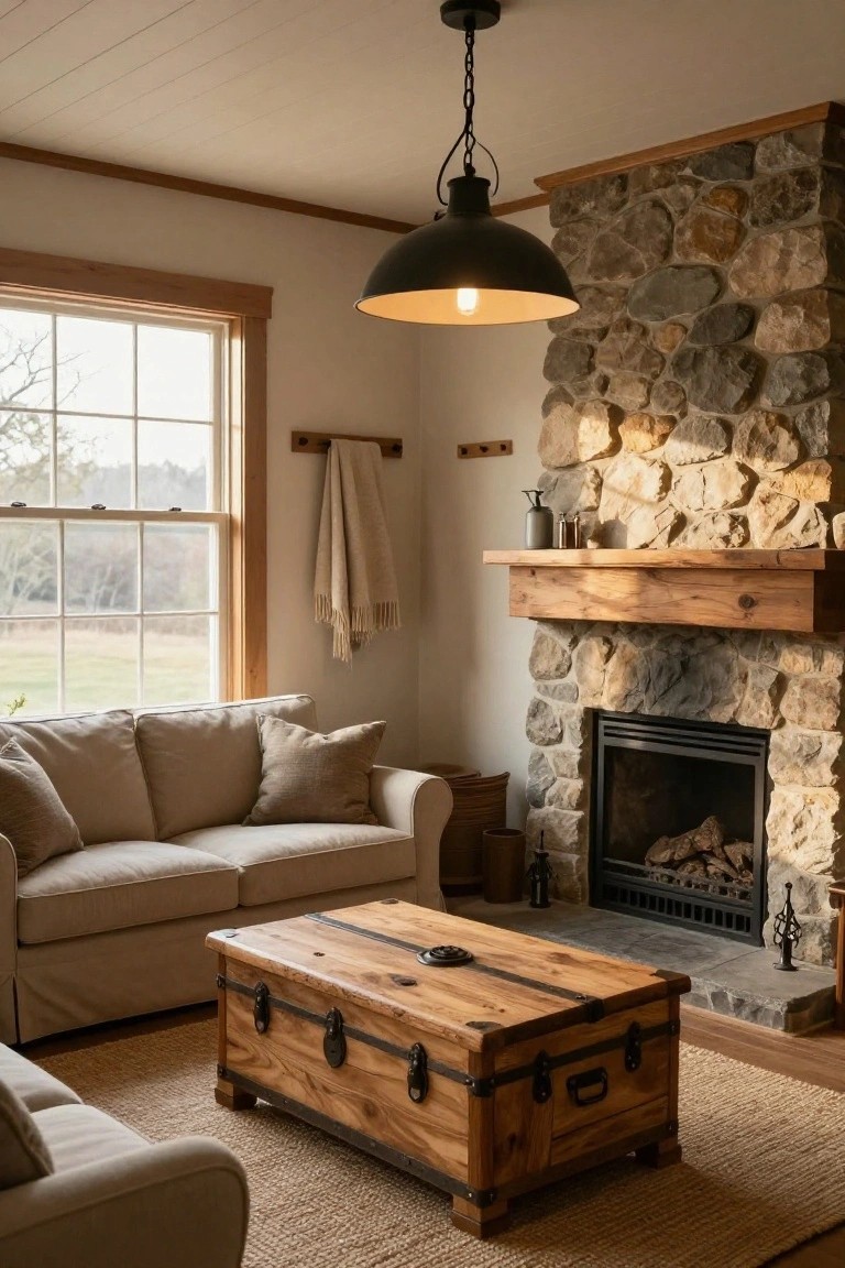 A small living room with two beige slipcovered sofas around a large wooden trunk coffee table, stone fireplace with gas logs, pendant light overhead, and a window showing a rural view.