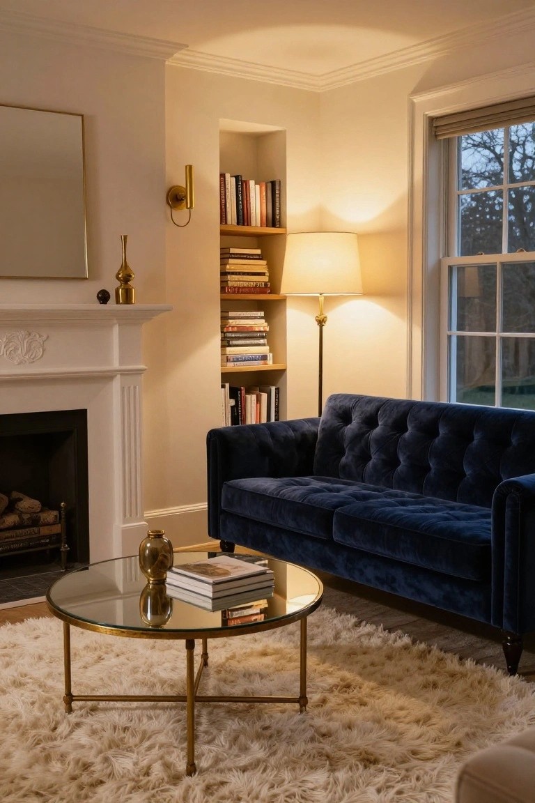 A living room with a navy tufted velvet sofa, round glass coffee table on brass legs, white fireplace, built-in bookshelves, floor lamp, and window overlooking trees.