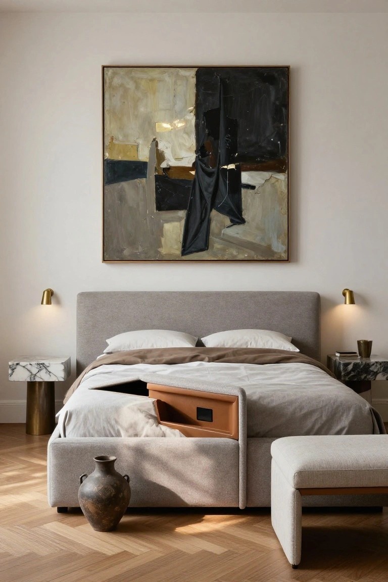 Gray upholstered bed frame with open side storage compartment containing a box, marble nightstands, abstract painting on wall, wall sconces, ottoman at foot, and terracotta vase on wood floor in bedroom.