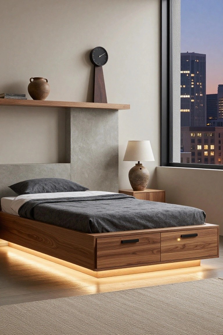 Raised wooden platform bed with two front storage drawers and underbed LED lighting in a minimalist bedroom with beige walls, shelves, lamp, and large window showing city skyline at dusk.