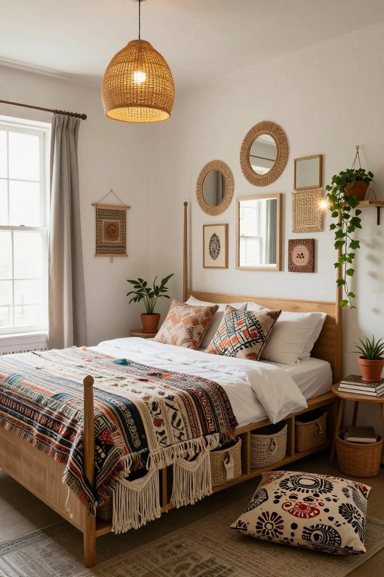 A light wood four-poster bed frame with underbed drawers and side cubbies holding woven baskets, covered in colorful patterned blankets and pillows, in a white-walled bedroom with plants, mirrors, and rattan lighting.