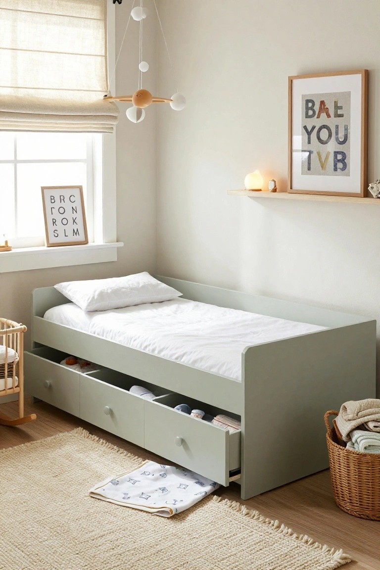 Sage green single bed frame with three open underbed drawers containing folded clothes, toys, and linens, positioned in a light beige child's bedroom next to a wooden crib and neutral wall art.