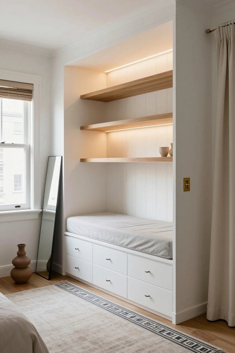 Bedroom alcove with built-in white bench seat over four drawers, oak floating shelves above with LED strip lighting, tall black-framed mirror leaning nearby, terracotta vase on floor, neutral rug, and bed edge visible.