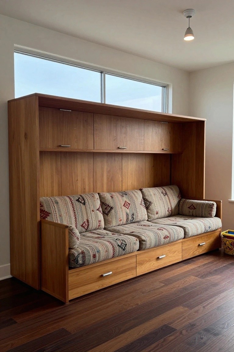 Wooden built-in bed alcove with overhead cabinets, beige sofa cushions with geometric patterns, lower drawers, and a toy bucket nearby in a bright room with large windows and wood floors.