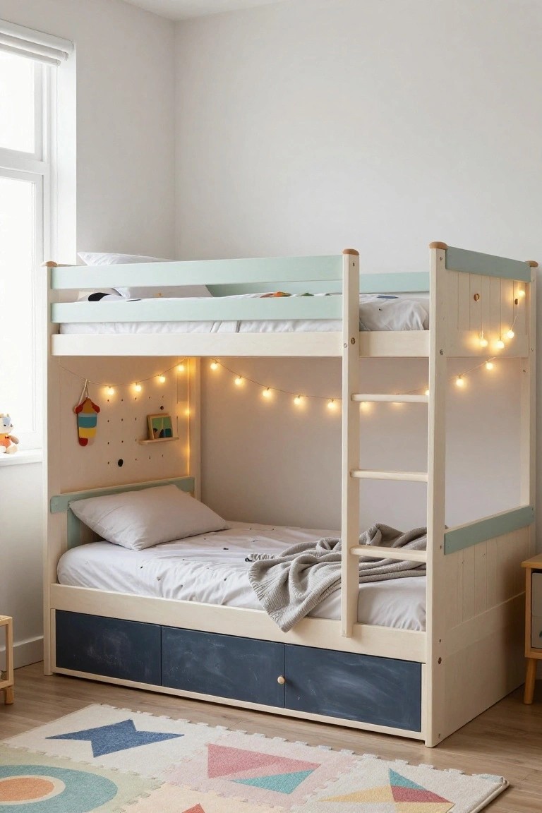 Wooden bunk bed in a children's bedroom with pastel green accents, blackboard-style storage drawers under the lower bunk, fairy lights along the sides, and foam play mats on the floor.