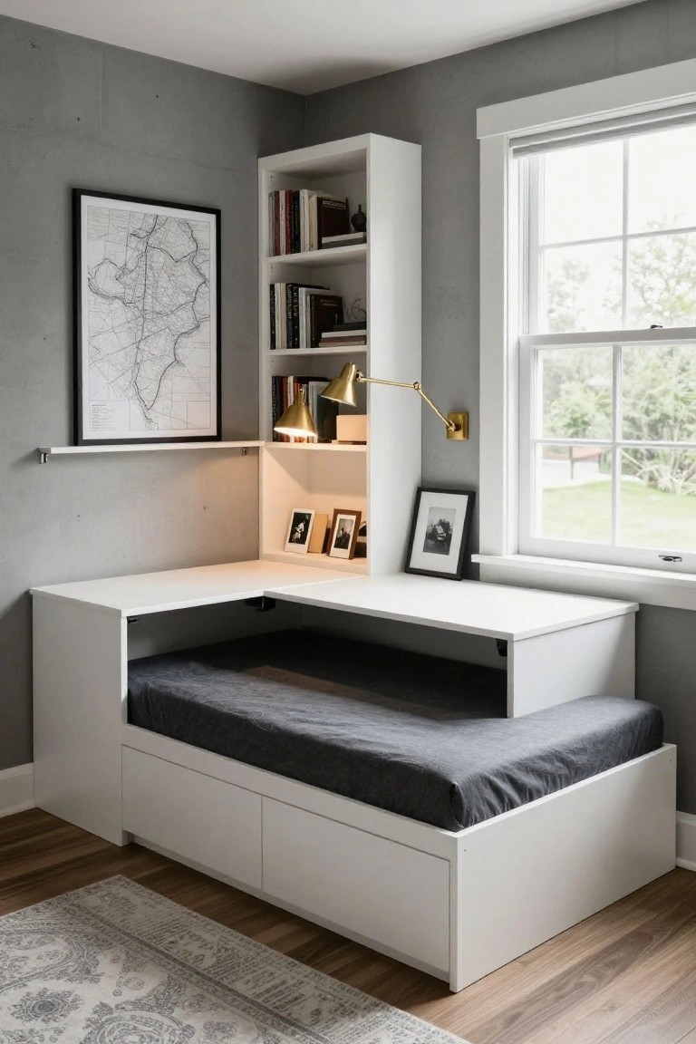 White L-shaped built-in furniture in a corner with bookshelves above a desk, a low daybed below, and storage drawers, next to a window in a gray room.