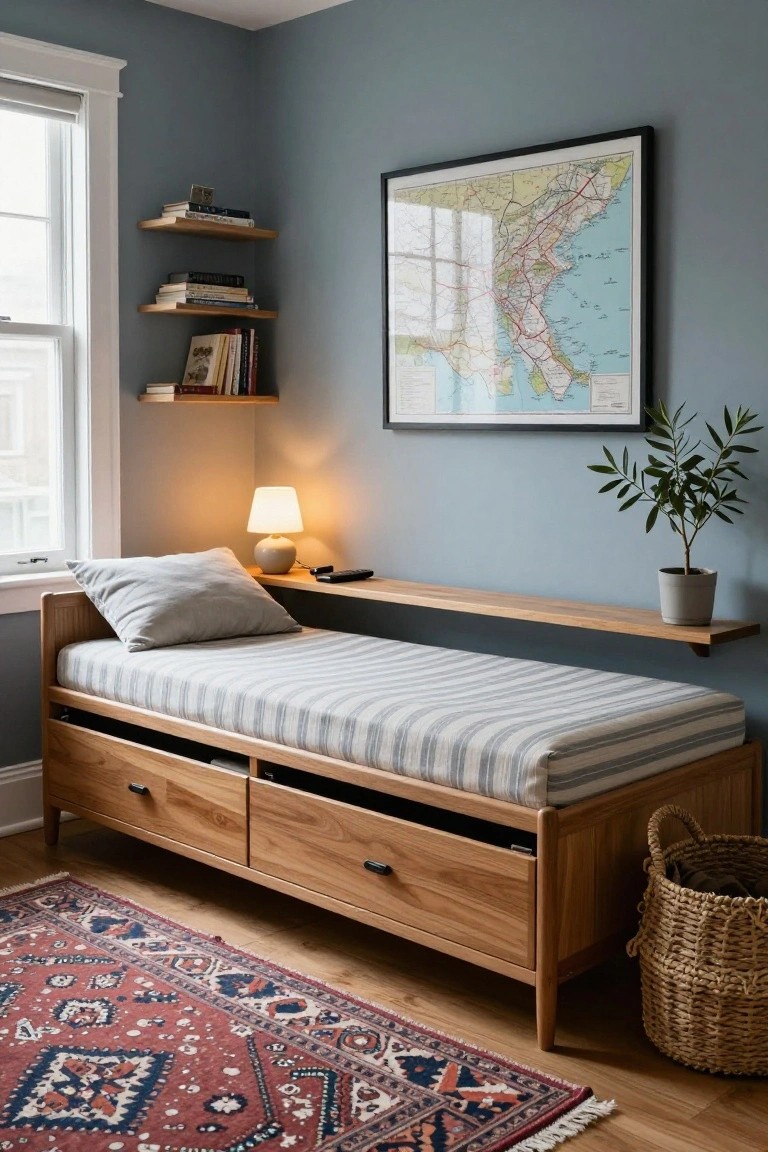 Corner bedroom with low wooden daybed frame featuring two front storage drawers, gray striped bedding and pillow, lamp on overhead shelf, floating bookshelves, potted olive tree, framed map on blue wall, and red patterned rug on wood floor.