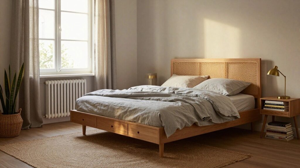 A bedroom with a light oak platform bed featuring multiple drawers underneath on both sides, light gray linen bedding, wooden nightstand with gold lamp, potted snake plant on windowsill, sheer curtains, white radiator, and round seagrass rug on wood floor.