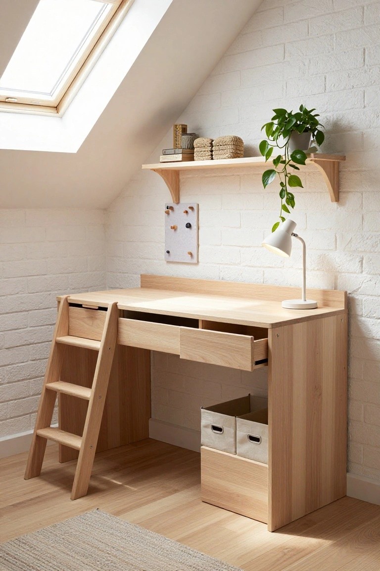 Wooden desk with integrated ladder steps, open drawers, storage bins, and shelves against white brick wall in attic room with skylight and lamp.