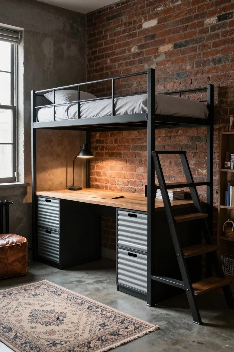Lofted black metal bunk bed over a wooden desk with gray metal drawer units, in an industrial room with exposed brick wall, concrete floor, and rug.