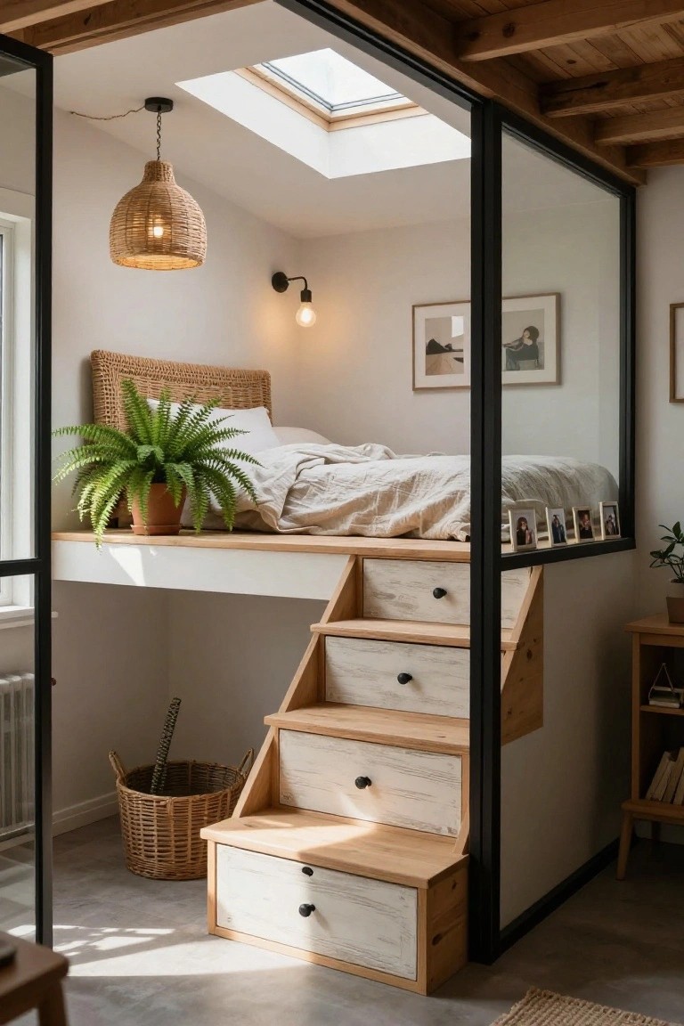Elevated wooden bed platform with integrated drawer stairs, enclosed by glass walls, rattan hanging lamp, potted fern plant, and bedside frames in a compact bedroom space.