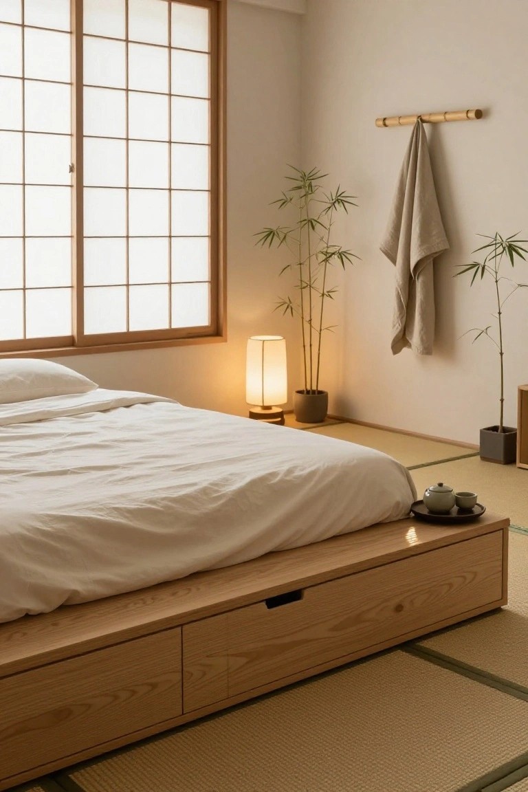 A minimalist Japanese-style bedroom with a low wooden platform bed featuring under-bed storage drawers, shoji screen windows, bamboo plants in pots, a hanging towel, lamp, teapot on tray, and tatami mat flooring.