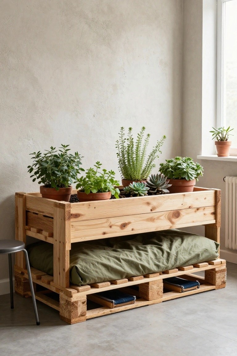 Wooden pallet bed with green bedding and potted plants.