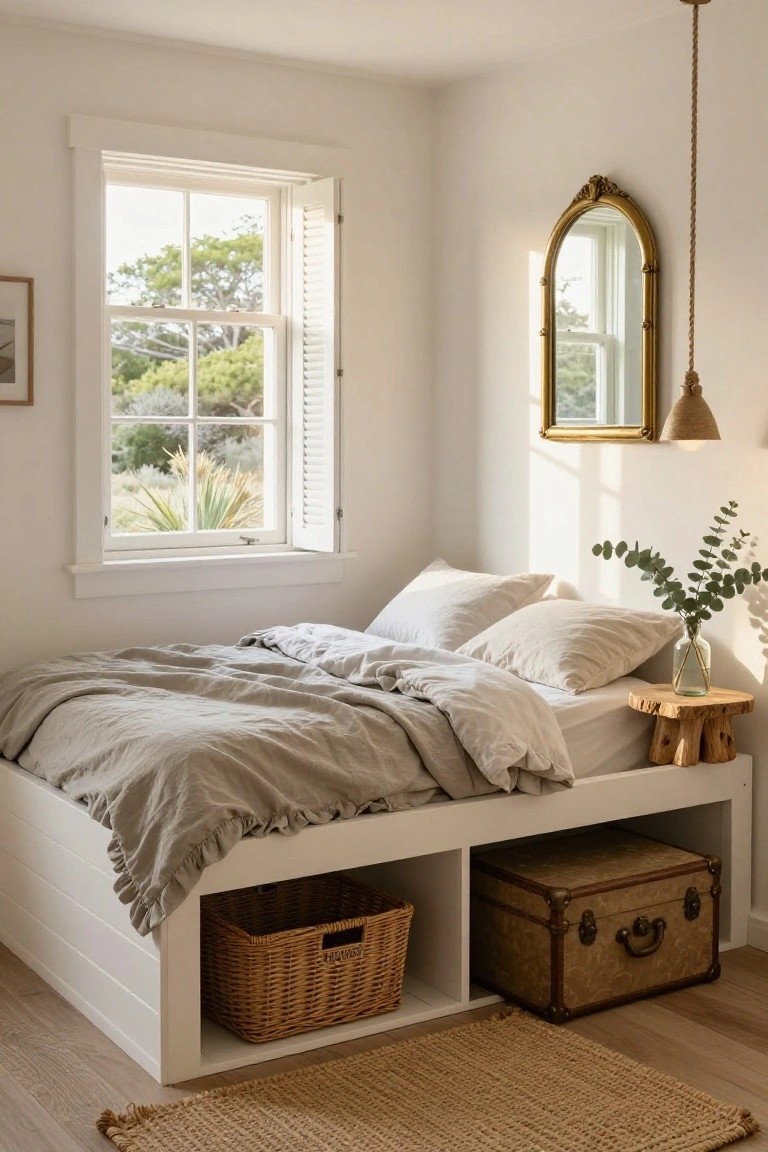 A low white platform bed frame with open built-in storage underneath holding a wicker basket and vintage leather suitcase, in a bright bedroom with a window, shutters, gold mirror, and wooden nightstand.