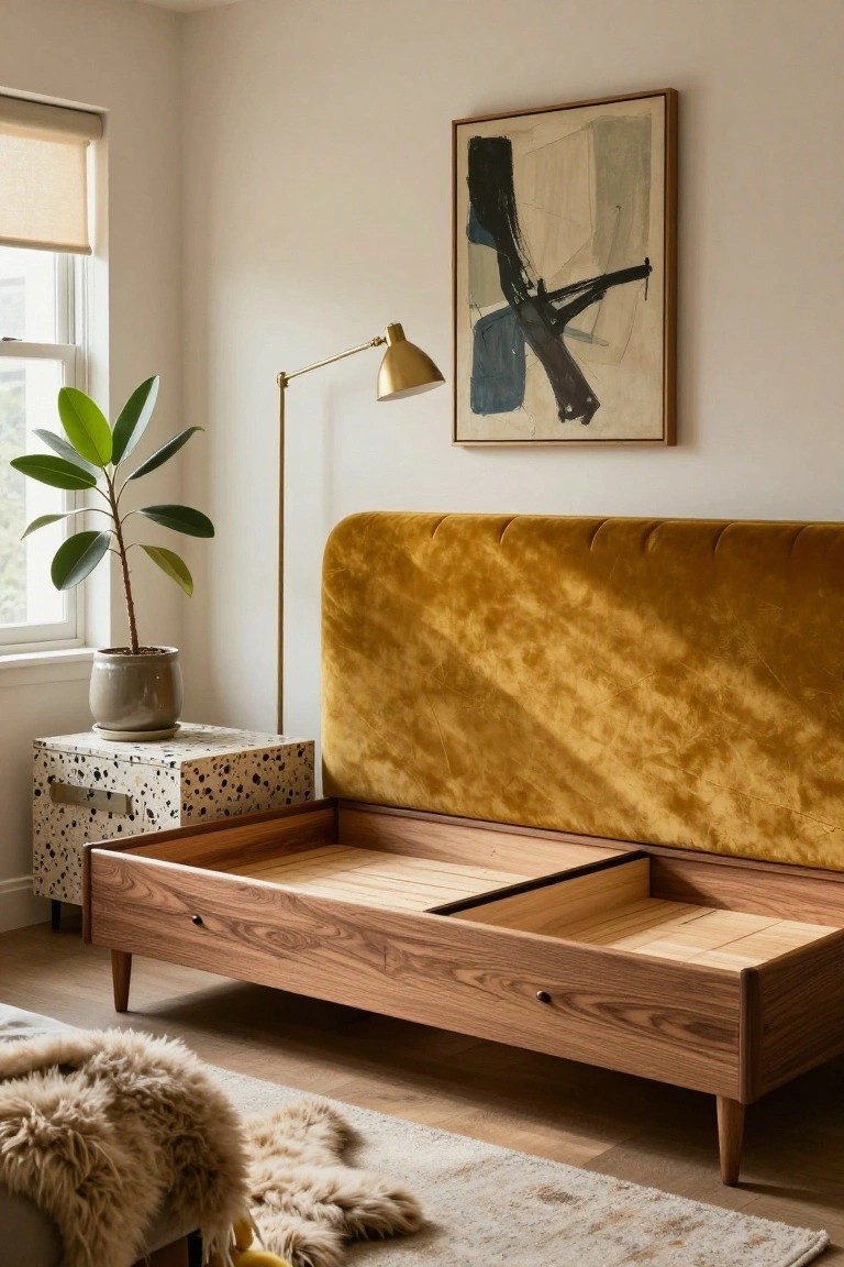 A bedroom with a low wooden platform bed featuring open storage drawers underneath, mustard yellow velvet upholstered headboard, potted plant in gray pot, speckled side table, and arched floor lamp next to a window.