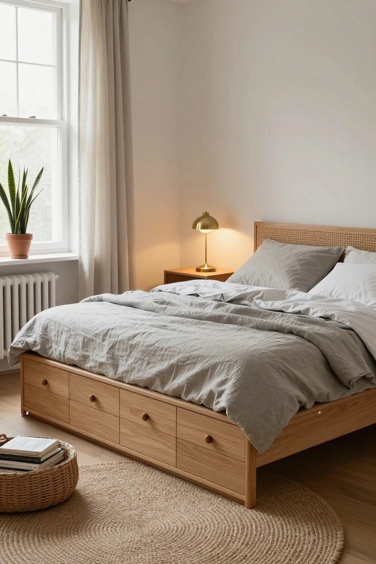 A bedroom with a light oak platform bed featuring multiple drawers underneath on both sides, light gray linen bedding, wooden nightstand with gold lamp, potted snake plant on windowsill, sheer curtains, white radiator, and round seagrass rug on wood floor.