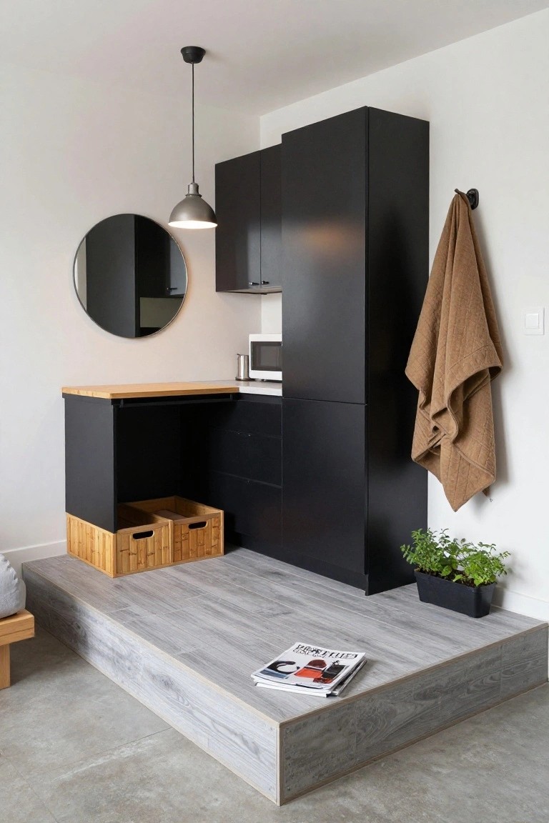 Compact modern interior featuring a raised light wood platform with bed cushion and storage baskets below, black cabinetry with bamboo desk top and microwave, round mirror, hanging beige towel, and potted plant on gray plank flooring.