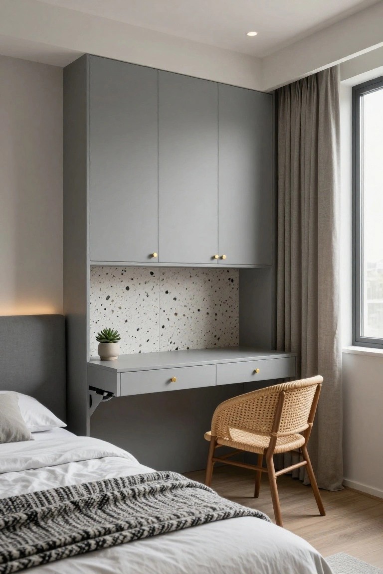 Modern bedroom with tall grey wardrobe cabinets, integrated grey desk drawer and open shelf with terrazzo backsplash, platform bed with white sheets and grey throw, rattan chair, potted succulent, and window with beige curtains.
