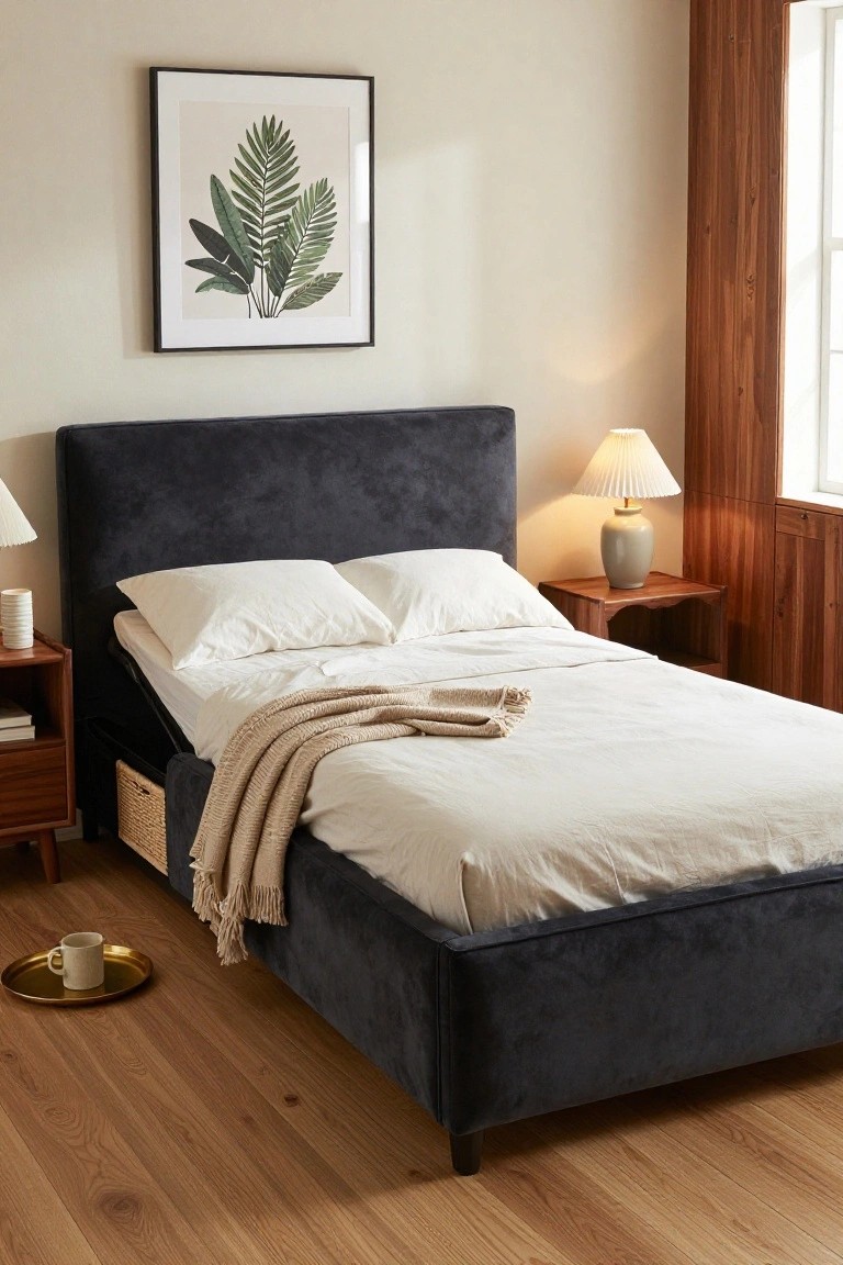 Bedroom with dark velvet upholstered bed frame on adjustable base, lift-up storage section with woven basket, white sheets and beige throw, wooden nightstands with lamps and white mugs, leaf print artwork on beige wall, hardwood floor.