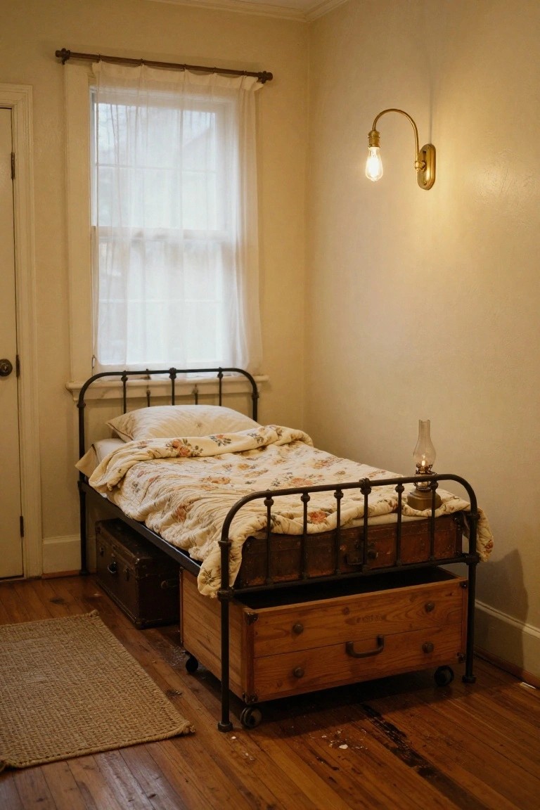 Small bedroom corner with black iron bed frame on wheels, wooden storage drawers underneath, floral quilted bedding, glass oil lamp on bedpost, sheer curtains on window, and brass wall sconce lit up.