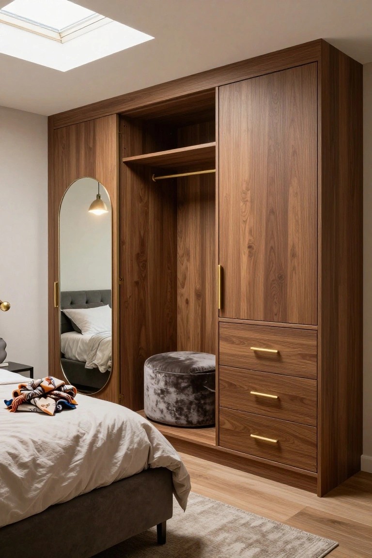Modern bedroom interior with a tall walnut wood wardrobe featuring an open hanging section, oval mirror on one door, three base drawers, purple velvet ottoman, gray upholstered platform bed with white linens, and skylight above.
