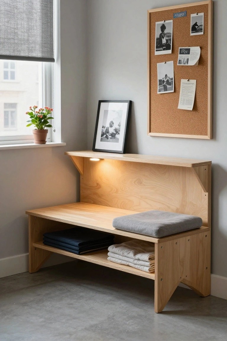 Wooden bench seat under a window with open storage shelves below holding folded blue sheets and white towels, gray cushion on top, lit shelf above, corkboard on wall, potted plant on windowsill in a light gray room.