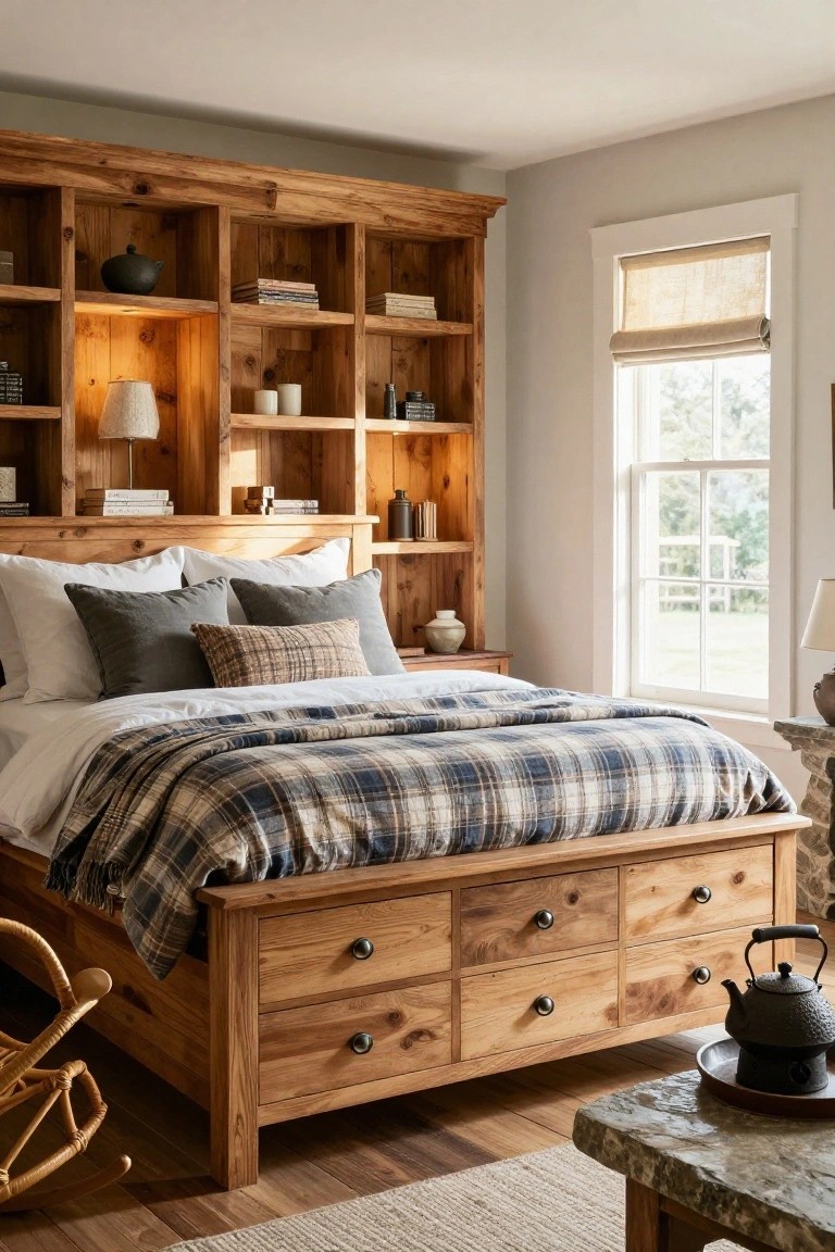 Wooden platform bed frame with six underbed storage drawers and integrated headboard bookshelves in a light gray bedroom with plaid bedding and window view.