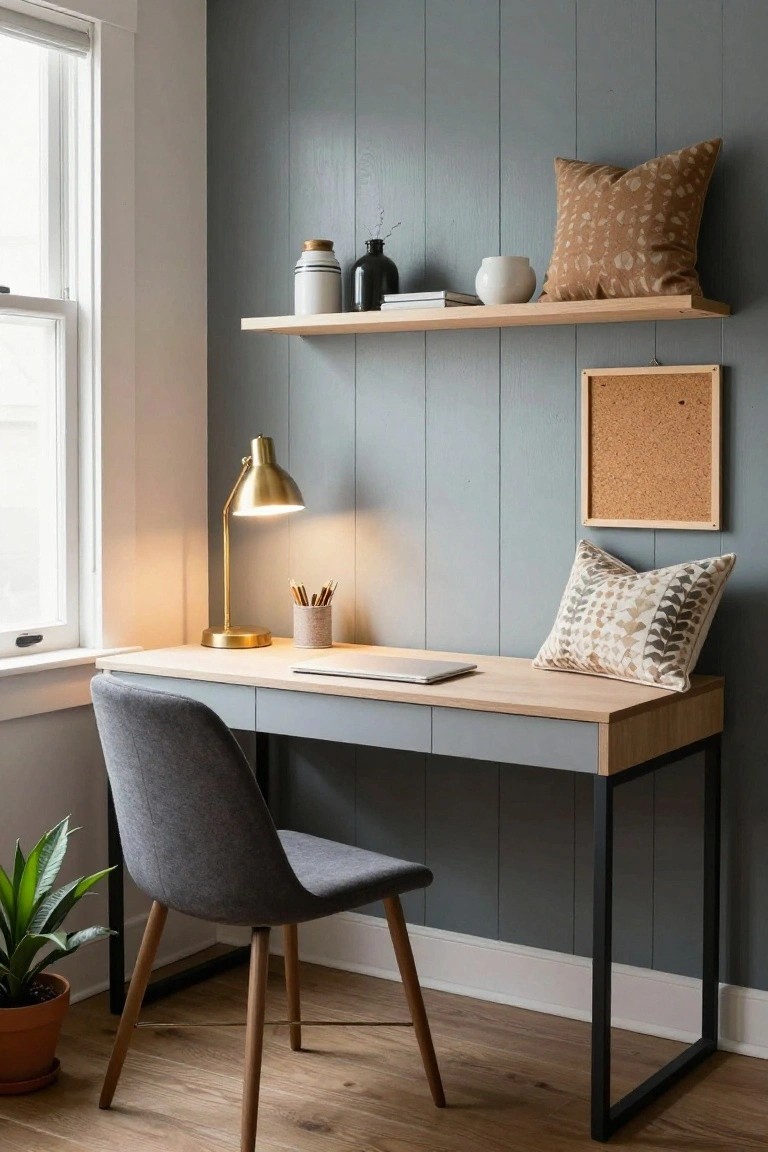 Corner home office with light wood desk topped by a laptop, gray upholstered chair, gold desk lamp lit up, floating oak shelves holding jars pillows and books on gray shiplap wall, corkboard, and potted plant on wood floor.