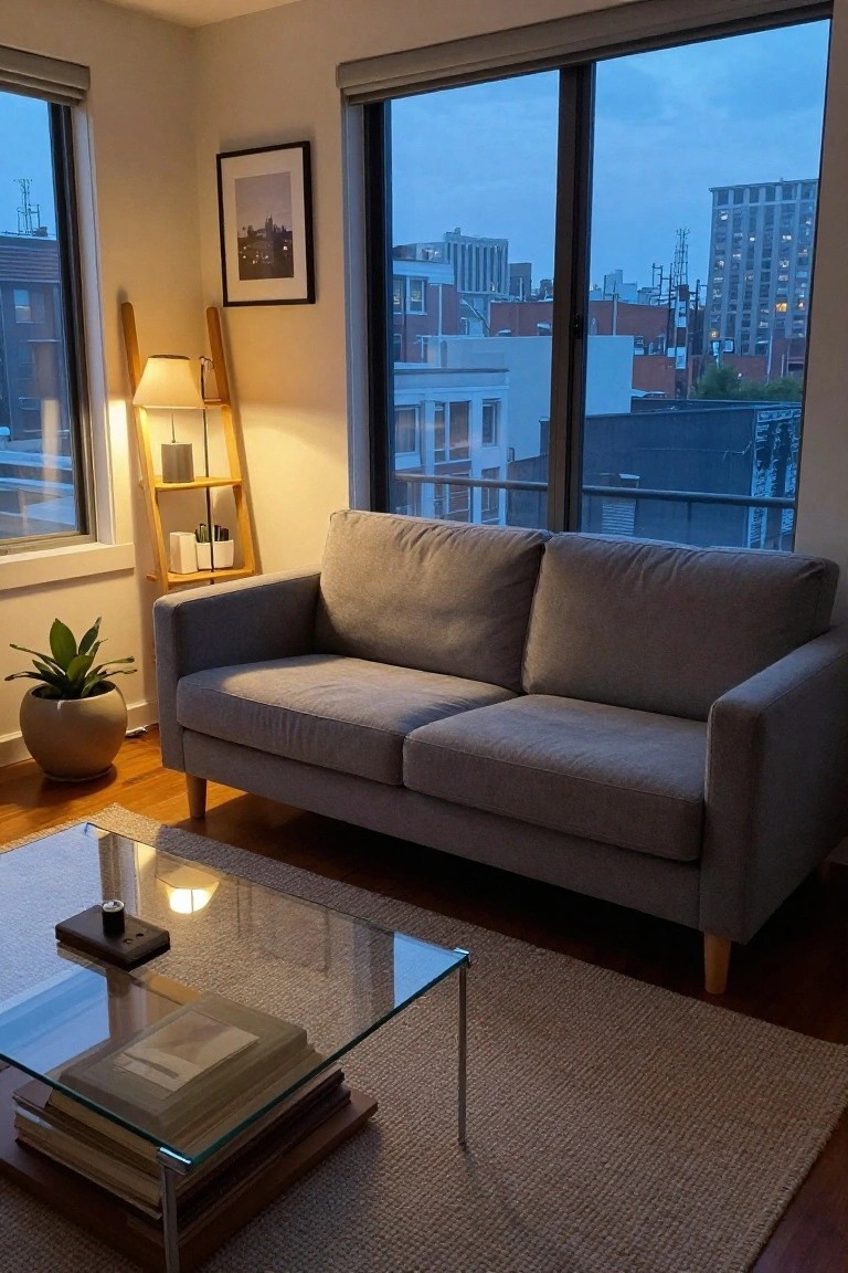 Gray two-seater sofa in a living room corner next to floor-to-ceiling windows with city view, ladder shelf with lamp and plants nearby, potted snake plant, glass coffee table with stacked books, wooden floors, and beige rug.