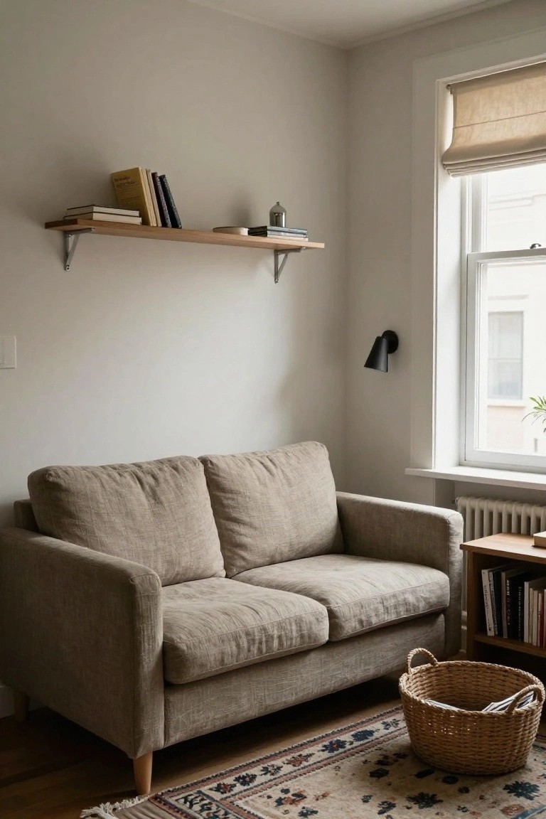 Beige linen sofa positioned in the corner of a light gray living room beneath a window with tan roman shade, floating oak shelf above holding stacked books and a metal vase, wooden side table with books beside the sofa, woven basket on patterned rug in front.