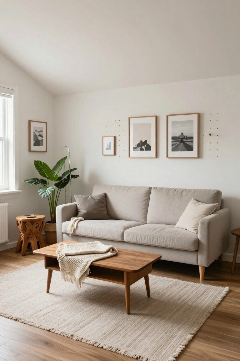 A light gray three-seater sofa positioned in the corner of a white-walled living room next to a large potted plant, with a low wooden coffee table on a fringed white rug in front.