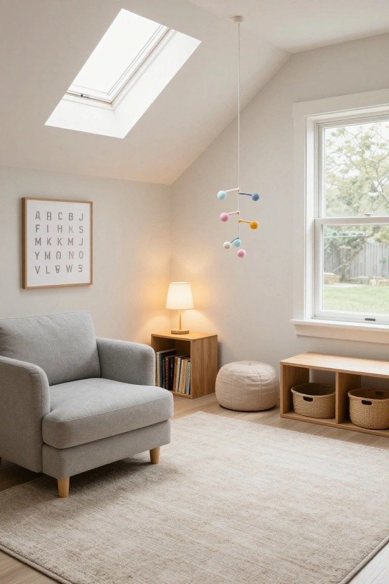 Light gray upholstered armchair in corner of nursery room with wooden side table holding lamp and books, white footstool, wooden benches with basket storage, ABC poster on wall, colorful hanging mobile, skylight above, and window view of yard.