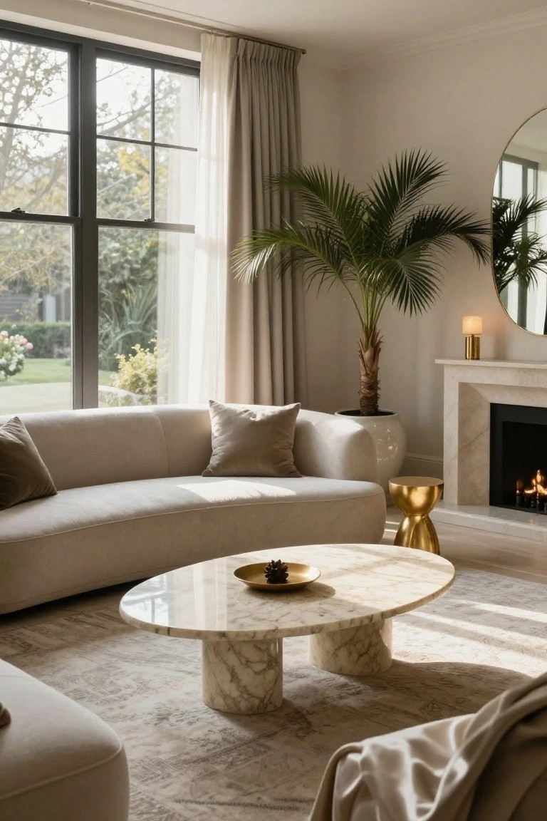 Light-colored curved sofa facing a lit marble fireplace in a neutral living room with sheer curtains on large black-framed windows, a tall palm plant, round mirror, gold stool, and marble coffee table holding a gold dish with pinecone.