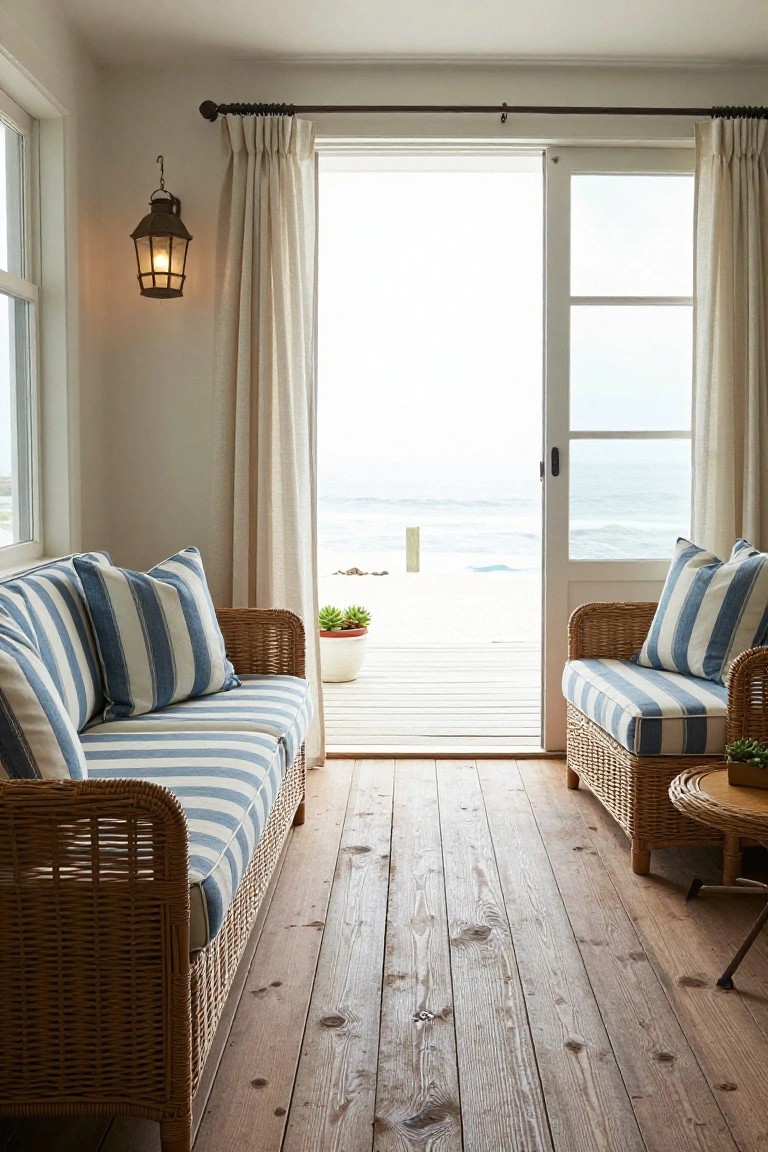 Light interior room with two rattan sofas upholstered in blue-and-white striped fabric facing each other on wooden floors, open sliding glass doors to a deck with ocean view, wall lantern, and potted plants.