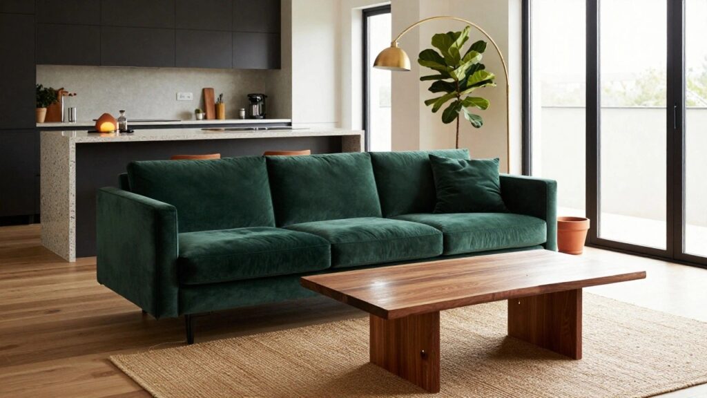 24 Smart Sofa Placement Ideas That Transform Your Layout Green velvet sofa in a living room facing a black kitchen island with bar stools, wooden coffee table in front, large potted plant, arc lamp, and windows to outdoors.